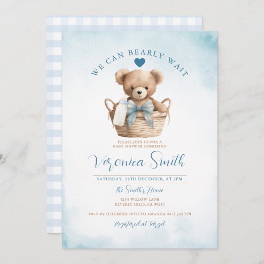 BOY我々は青いクマ赤ちゃんシャワーを待つことができる 招待状 (正面/裏面)