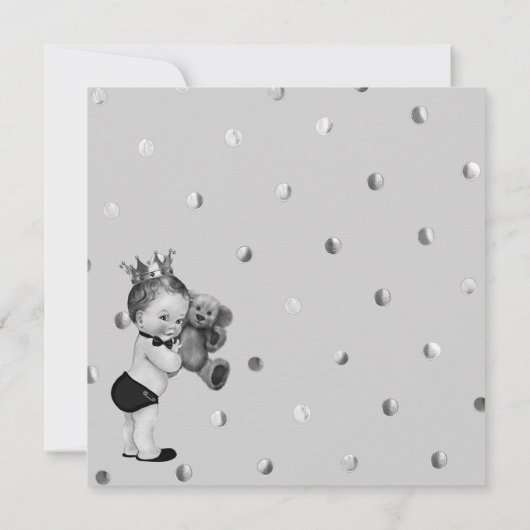 Boy王子のベビーシャワーの黒の銀のフェイクなグリッター 招待状 (裏面)