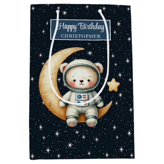 Boy誕生日BashのためのTeddy宇宙飛行士抱き枕 ミディアムペーパーバッグ (正面)