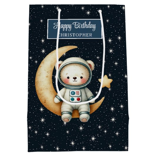 Boy誕生日BashのためのTeddy宇宙飛行士抱き枕 ミディアムペーパーバッグ (裏面)