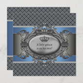 Boy青い格子縞の王冠の小さい王子のベビーシャワー 招待状 (正面/裏面)