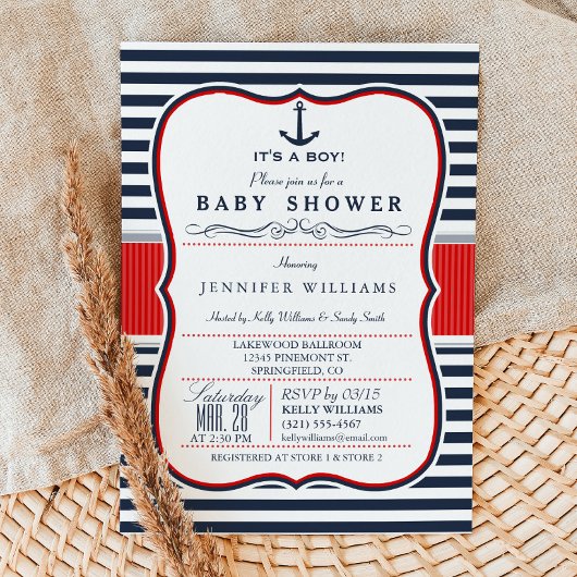 Boy 航海の Baby Shower招待状(Navy and Red) 招待状