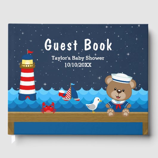 Boy 航海の Bear RedとNavy Baby Shower ゲストブック (正面)