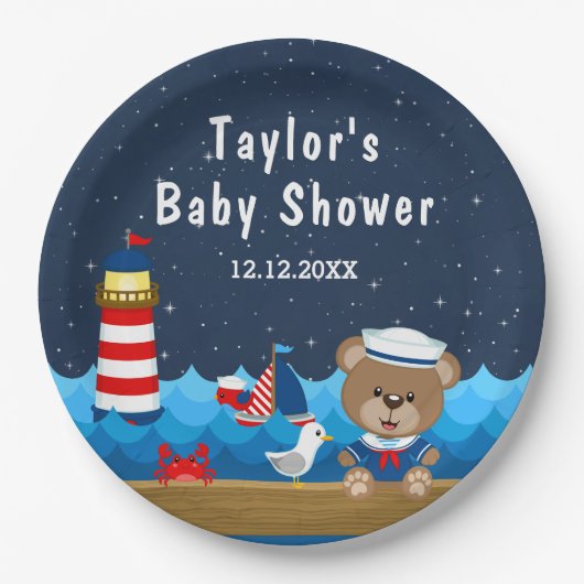 Boy 航海の Bear RedとNavy Baby Shower ペーパープレート (正面)