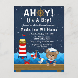 Boy 航海の Bear RedとNavy Baby Shower ポストカード