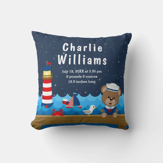 Boy 航海の Bear Red Navy誕生統計 クッション (正面)