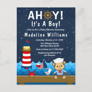 Boy 航海の Monkey Red and Navy Baby Shower ポストカード