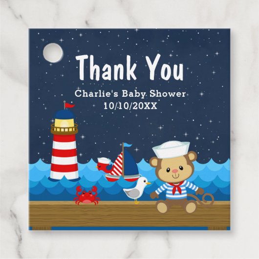 Boy 航海の Monkey Red Baby Shower Thank You フェイバータグ (正面)