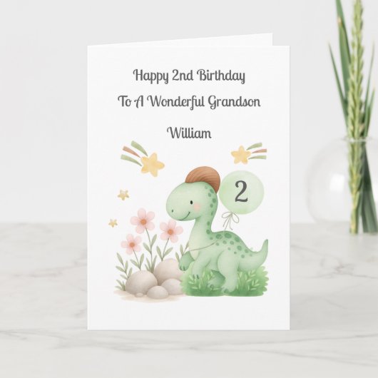 Boy 2nd Birthday Green Orange Dinosaur Card カード (正面)