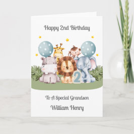 Boy 2nd Birthday Safari Leaf Animals Card カード