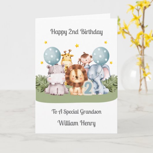 Boy 2nd Birthday Safari Leaf Animals Card カード (黄色い花)