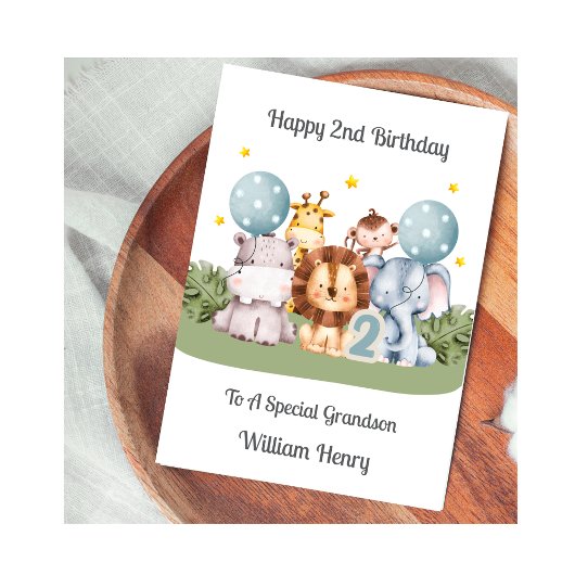 Boy 2nd Birthday Safari Leaf Animals Card カード