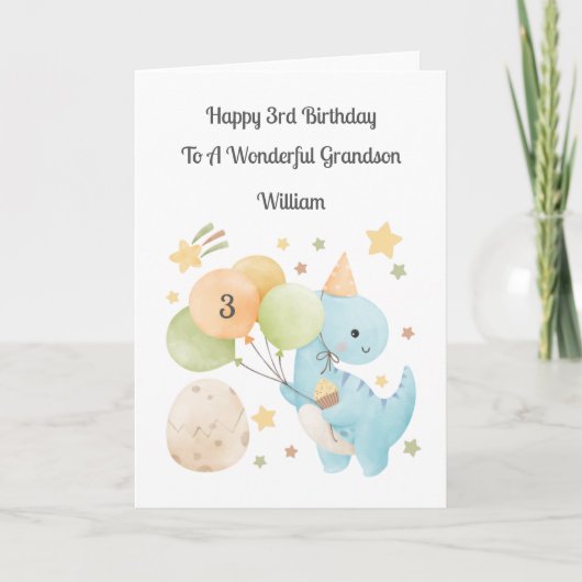Boy 3rd Birthday Balloon Dinosaurs Card カード (正面)