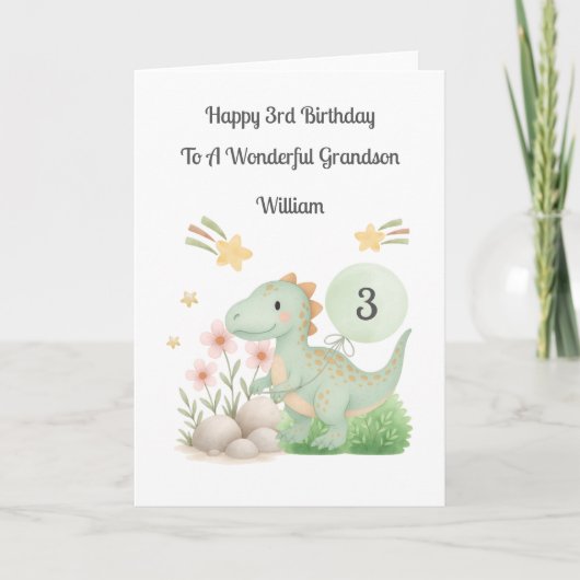 Boy 3rd Birthday Green Orange Dinosaur Card カード (正面)