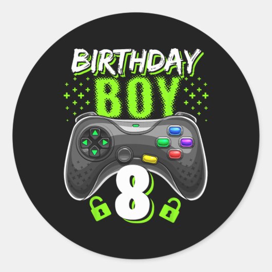 Boy 8 Video Game Controller Gamer 8誕生日Gif ラウンドシール (正面)