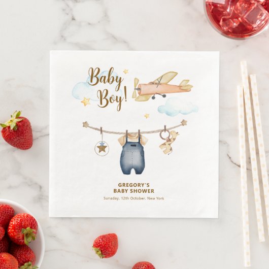Boy Adventure Clothesline Airplane Sky Baby Shower (インサイチュ)
