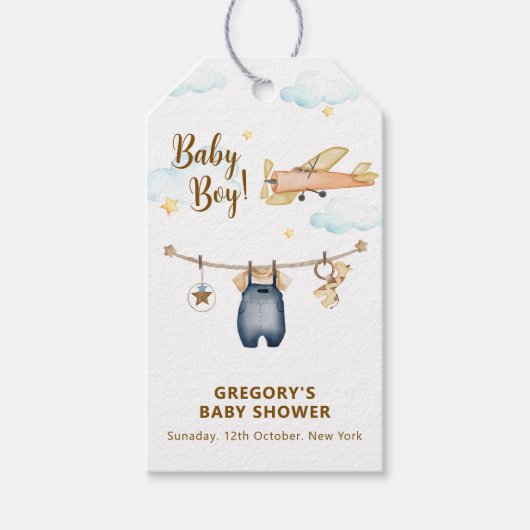 Boy Adventure Clothesline Airplane Sky Baby Shower ギフトタグ (正面)