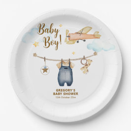 Boy Adventure Clothesline Airplane Sky Baby Shower ペーパープレート