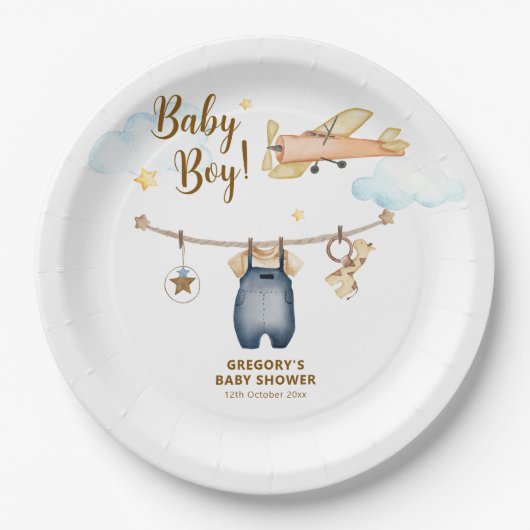 Boy Adventure Clothesline Airplane Sky Baby Shower ペーパープレート (正面)