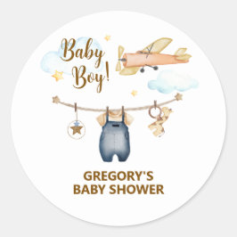Boy Adventure Clothesline Airplane Sky Baby Shower ラウンドシール