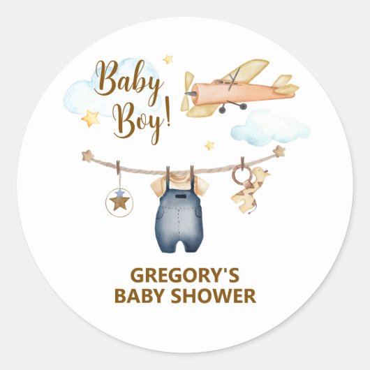 Boy Adventure Clothesline Airplane Sky Baby Shower ラウンドシール (正面)