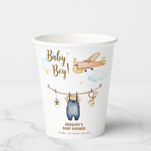 Boy Adventure Clothesline Airplane Sky Baby Shower 紙コップ (正面)
