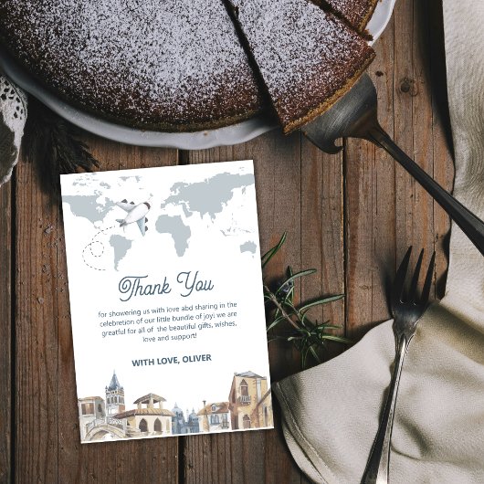 Boy Adventure World Map Airplane Baby Shower サンキューカード