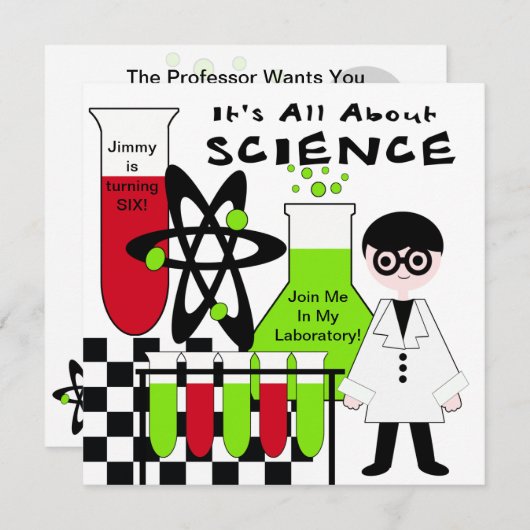 Boy All About Science Birthday Party招待 招待状 (正面/裏面)