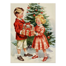 Boy and girl giving each other Christmas presents ポスター