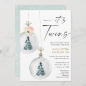 Boy and Girl Twins冬のクリスマスベビーシャワー 招待状 (正面/裏面)