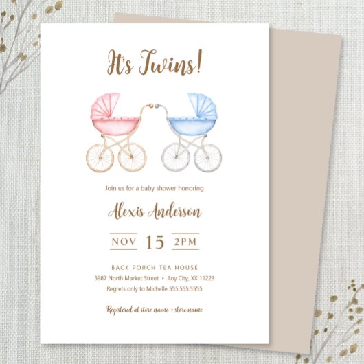 Boy and Girl Twins Carriages Baby Shower 招待状