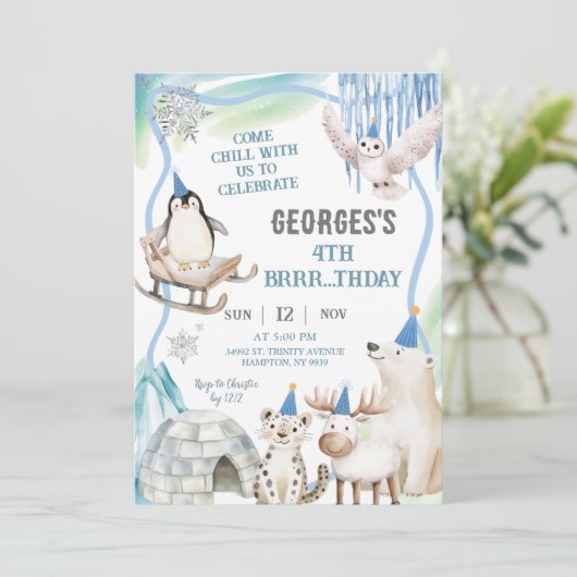 Boy Arctic Animals Birthday Party Invitation 招待状 (スタンド正面)