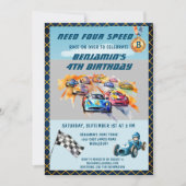 *Boy Auto Car Racing Theme 4th Birthday Party 招待状 (正面)