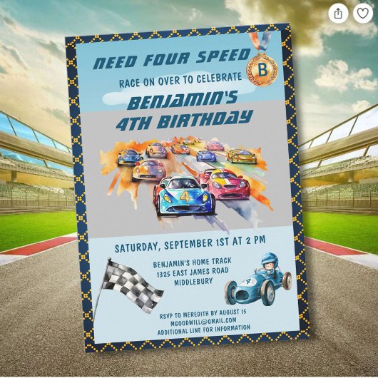 *Boy Auto Car Racing Theme 4th Birthday Party 招待状