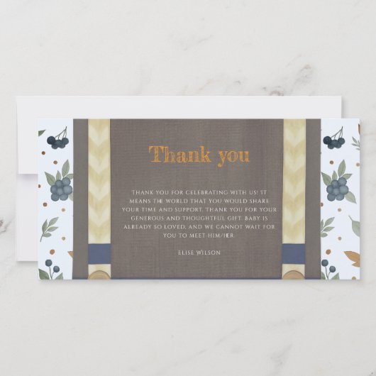 Boy baby shower autum fall blue burlap bodysuit  サンキューカード (正面)