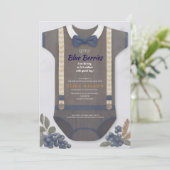 Boy baby shower autum fall blue burlap bodysuit  招待状 (スタンド正面)