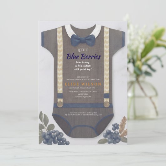 Boy baby shower autum fall blue burlap bodysuit  招待状 (スタンド正面)