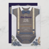 Boy baby shower autum fall blue burlap bodysuit  招待状 (正面/裏面)