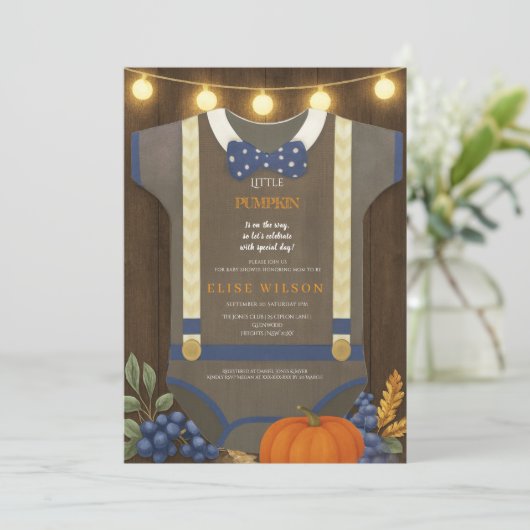 Boy baby shower autum fall blue burlap bodysuit  招待状 (スタンド正面)