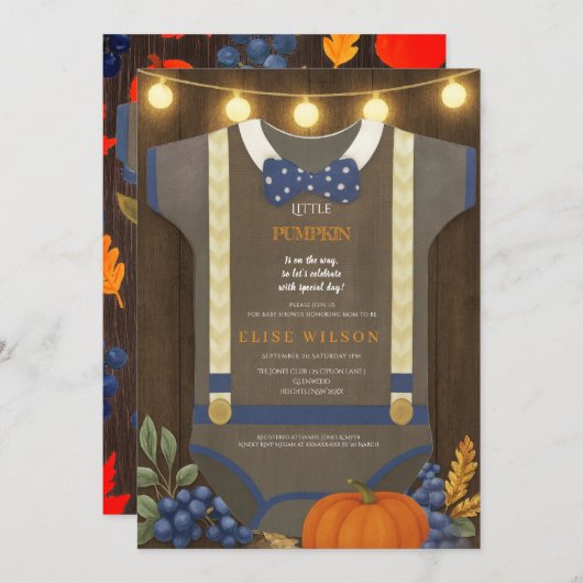 Boy baby shower autum fall blue burlap bodysuit  招待状 (正面/裏面)