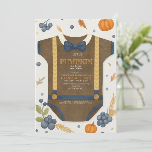 Boy baby shower autum fall burlap blue bodysuit  招待状 (スタンド正面)
