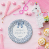 Boy Baby Shower Blue Bow Floral Pattern Script ペーパープレート (パーティー)