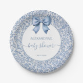 Boy Baby Shower Blue Bow Floral Pattern Script ペーパープレート (正面)