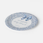 Boy Baby Shower Blue Bow Floral Pattern Script ペーパープレート (アングル)
