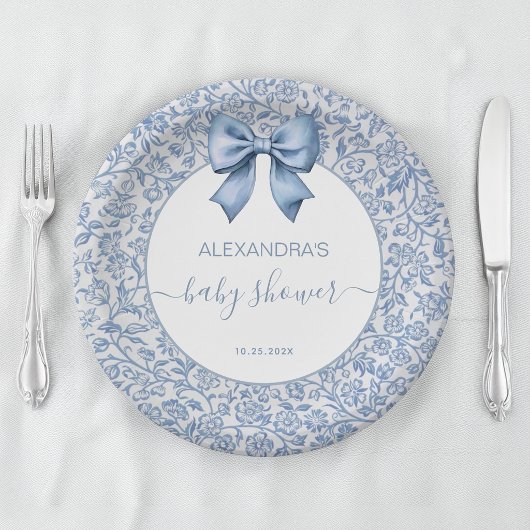 Boy Baby Shower Blue Bow Floral Pattern Script ペーパープレート