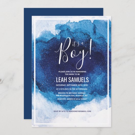 Boy Baby Shower Blue Waterカラー招待状 招待状 (正面/裏面)