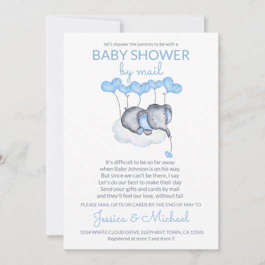 Boy Baby Shower by Mail Blue Elephant on Cloud 招待状 (正面)