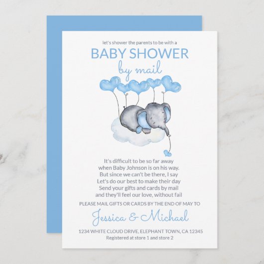 Boy Baby Shower by Mail Blue Elephant on Cloud 招待状 (正面/裏面)