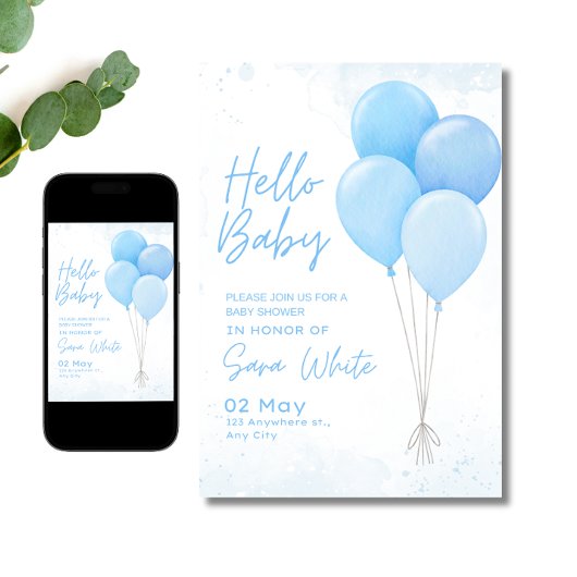 Boy Baby Shower Modern Minimalist Blue Balloon 招待状