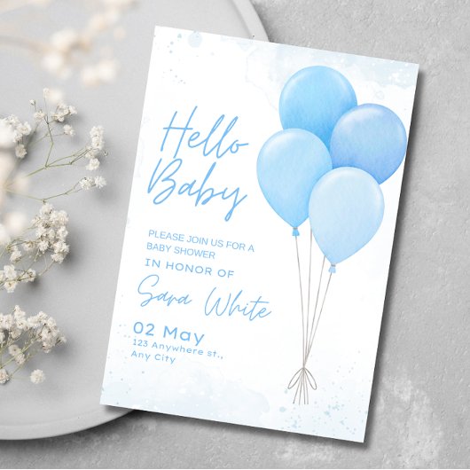 Boy Baby Shower Modern Minimalist Blue Balloon 招待状